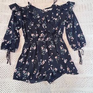 Blu Pepper Floral Romper Navy Pink Ruffle Wrap Neck Smocked Waist Tie Sleeve L